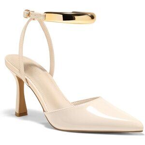 Coutgo Women's Beige Faux Leather Closed Pointed Toe Ankle Strap Heels Pumps